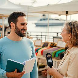 Community desk reporter interviewing residents at a waterfront market with a notebook and audio recorder