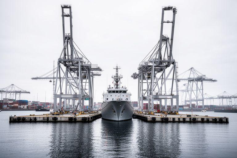Container cranes and a research vessel docked at a busy waterfront port under a pale sky