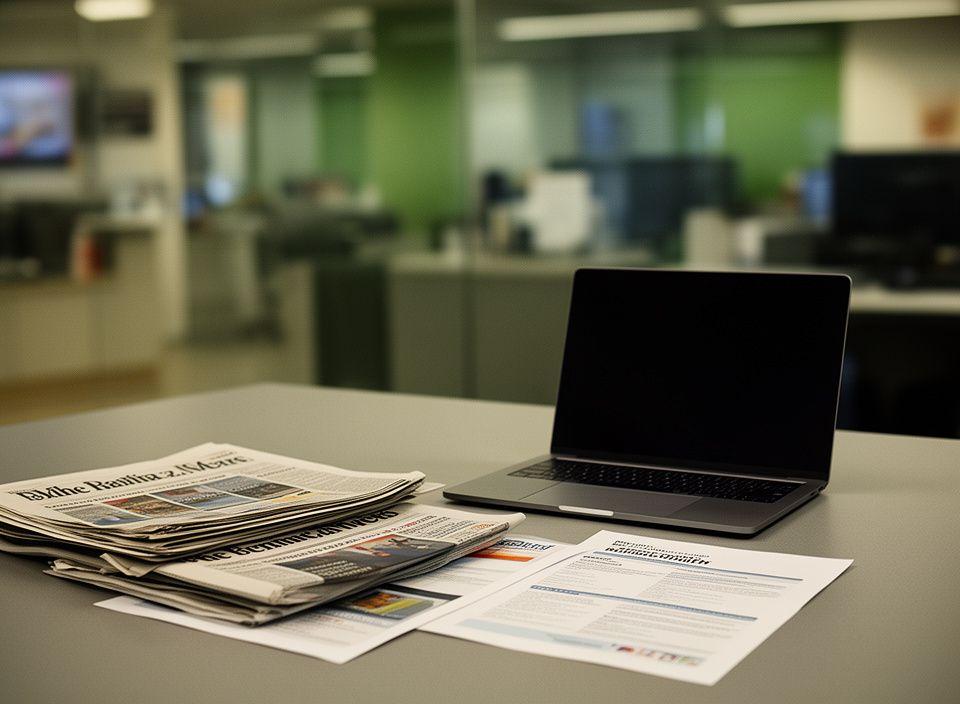 Editorial desk with newspapers, a laptop, and policy notes in a calm newsroom setting