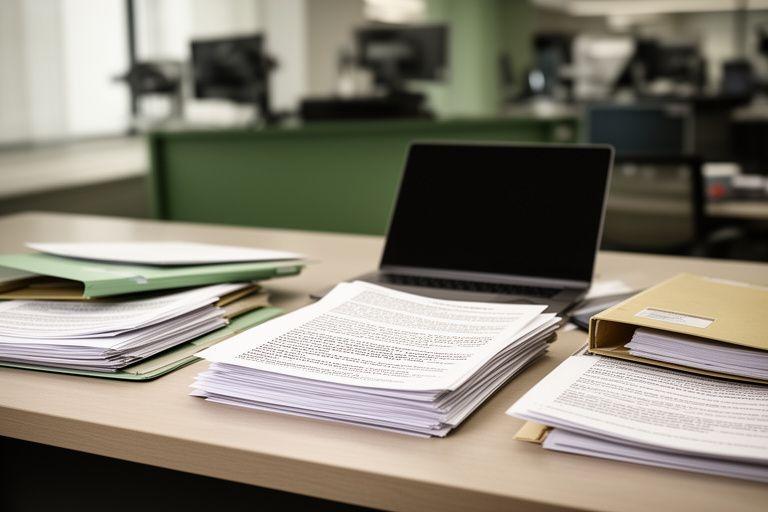 Editorial desk with printed legal notes, a laptop, and reference folders in a quiet newsroom office
